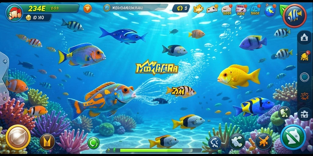 Tampilan screenshot utama gameplay Tembak Ikan yang menarik dan penuh warna.
