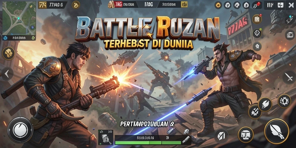 Screenshot gameplay 77AG menampilkan aksi pertempuran Battle Royale yang seru.