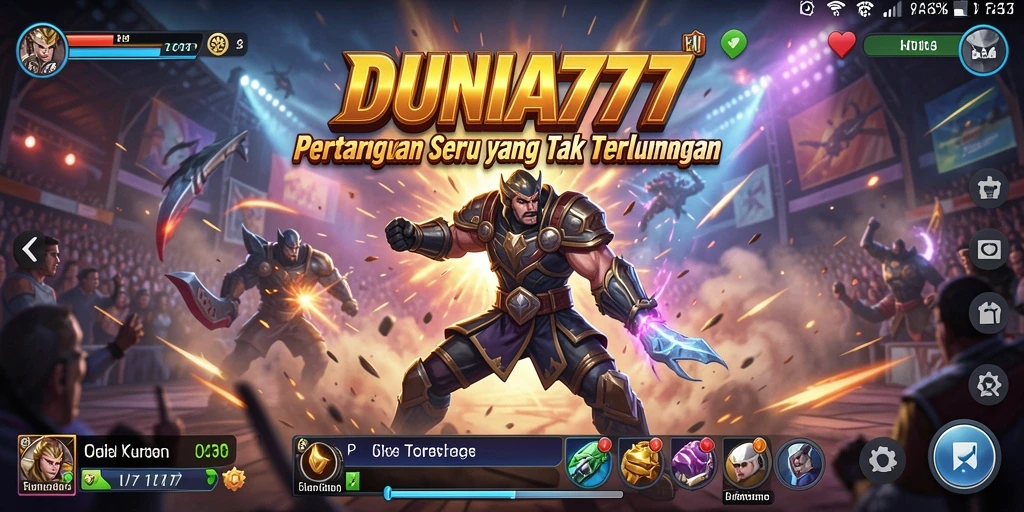 Tampilan gameplay DUNIA777 dengan karakter bertarung yang kuat.