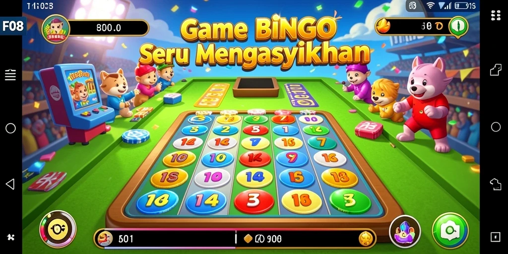 Screenshot utama F08 menampilkan gameplay Bingo yang penuh warna.