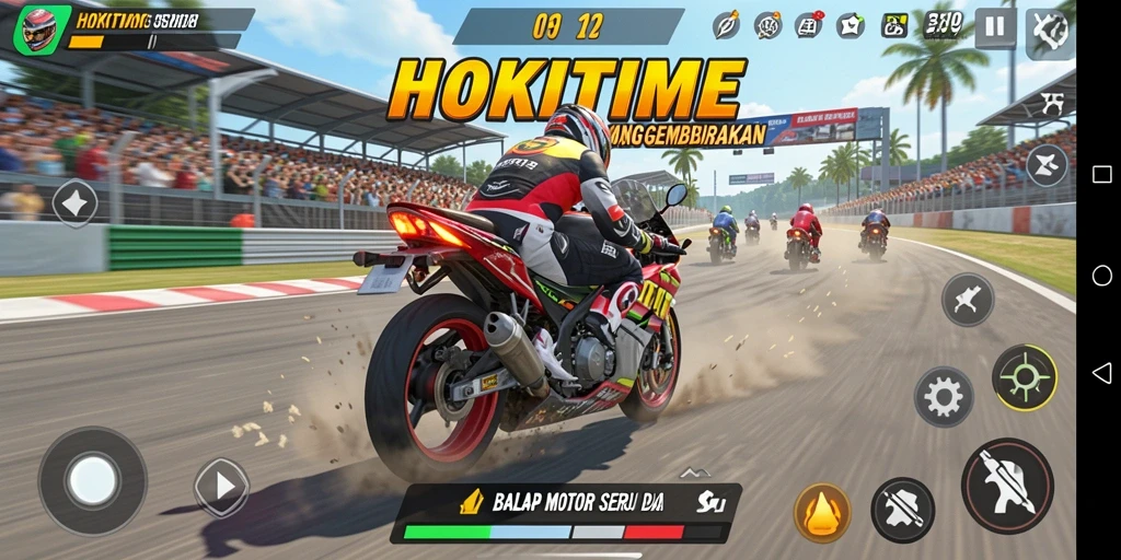 Screenshot dari gameplay HOKITIME yang mendebarkan saat balapan motor.