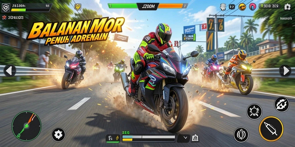 Tampilan gameplay J200M yang mendebarkan dalam balapan motor.