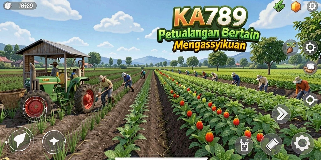 Tampilan permainan KA789 yang menampilkan ladang berwarna-warni dan aktivitas bertani.