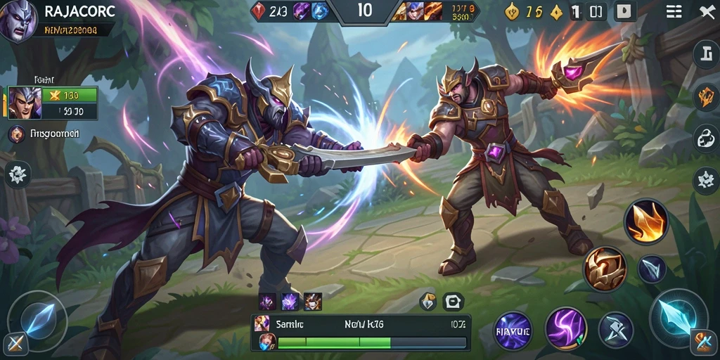 Tangkapan layar gameplay RAJACORC menampilkan pertarungan intens dalam MOBA.