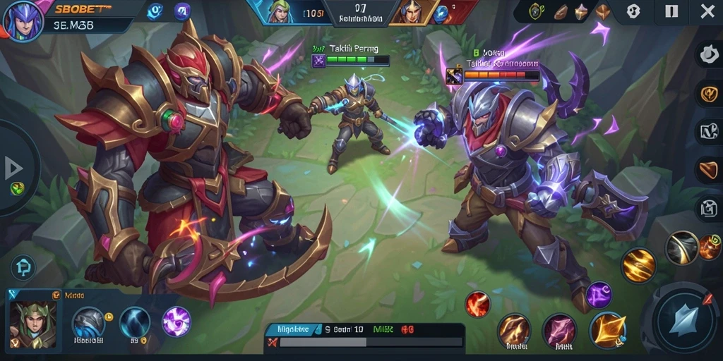Screenshot utama SBOBET menampilkan aksi pertempuran MOBA yang seru.
